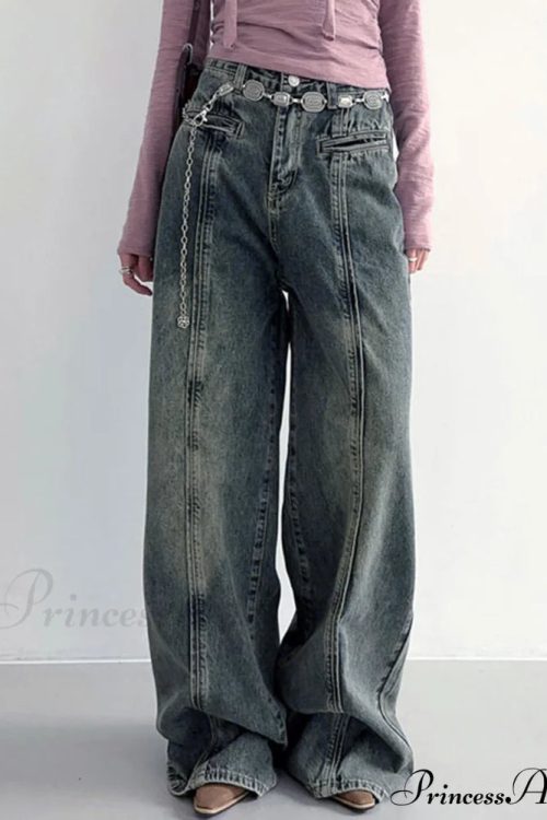 Center Stripe Wide Trendy Leg Jeans Without Belt