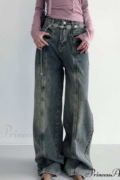 Center Stripe Wide Trendy Leg Jeans Without Belt