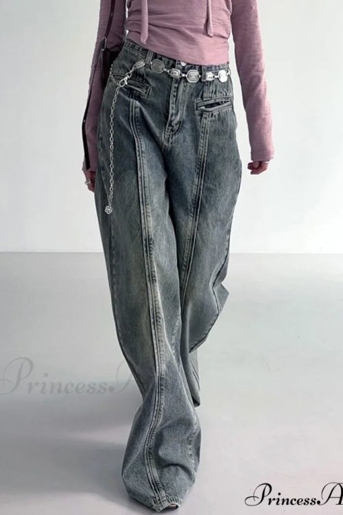 Center Stripe Wide Trendy Leg Jeans Without Belt