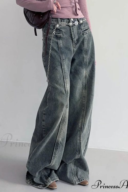 Center Stripe Wide Trendy Leg Jeans Without Belt