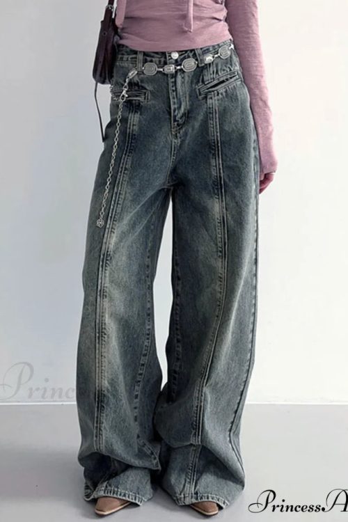 Center Stripe Wide Trendy Leg Jeans Without Belt