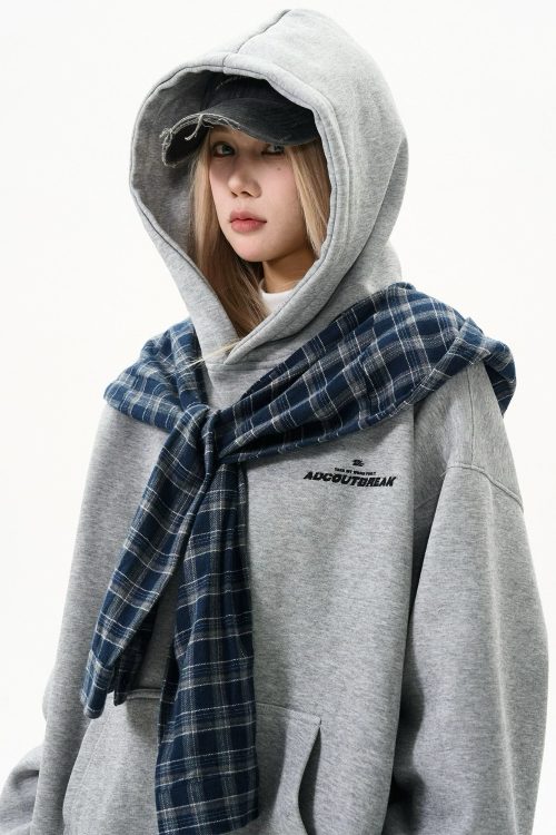 Checkered Shirt Layered Sweatshirt Hoodie