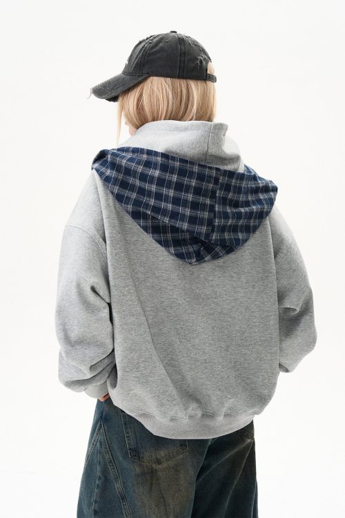 Checkered Shirt Layered Sweatshirt Hoodie