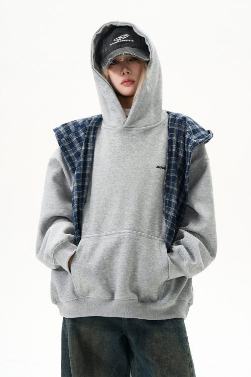 Checkered Shirt Layered Sweatshirt Hoodie
