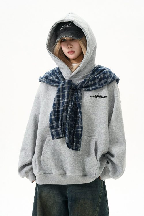 Checkered Shirt Layered Sweatshirt Hoodie
