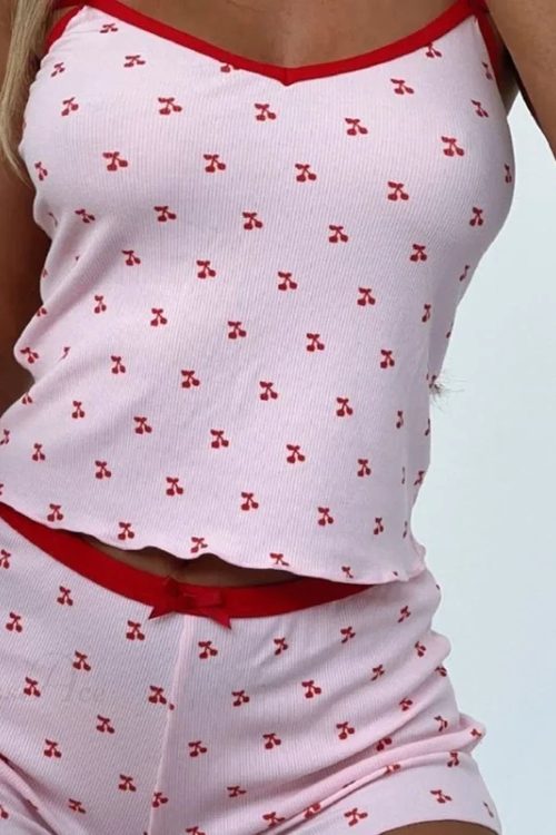 Cherry Print Sleeveless V Neck Cami Crop Top Shorts Two Pieces Set