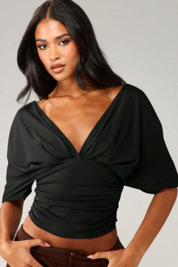 Chic Deep V Neck Knot Front Ruched Crop T-shirt