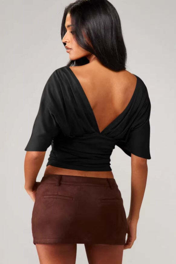 Chic Deep V Neck Knot Front Ruched Crop T-shirt Chic Deep V Neck Knot Front Ruched Crop T-shirt