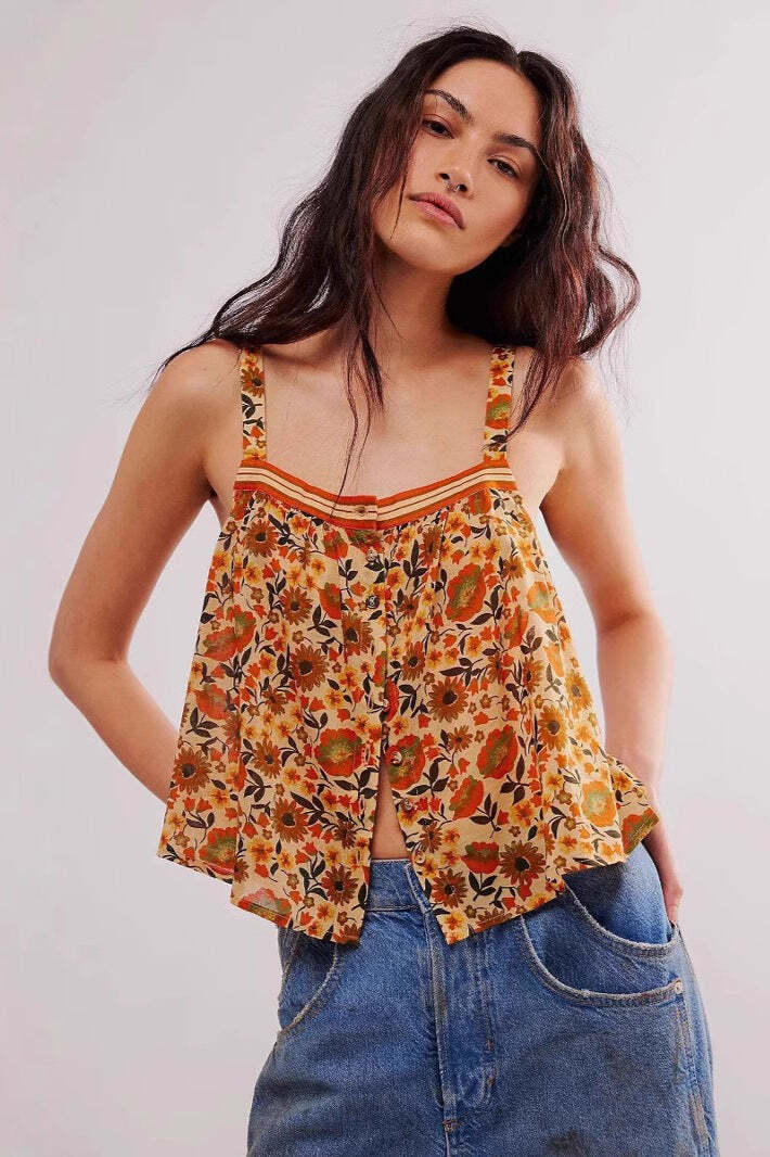 Chic Loose Floral Print Slit Cami Top