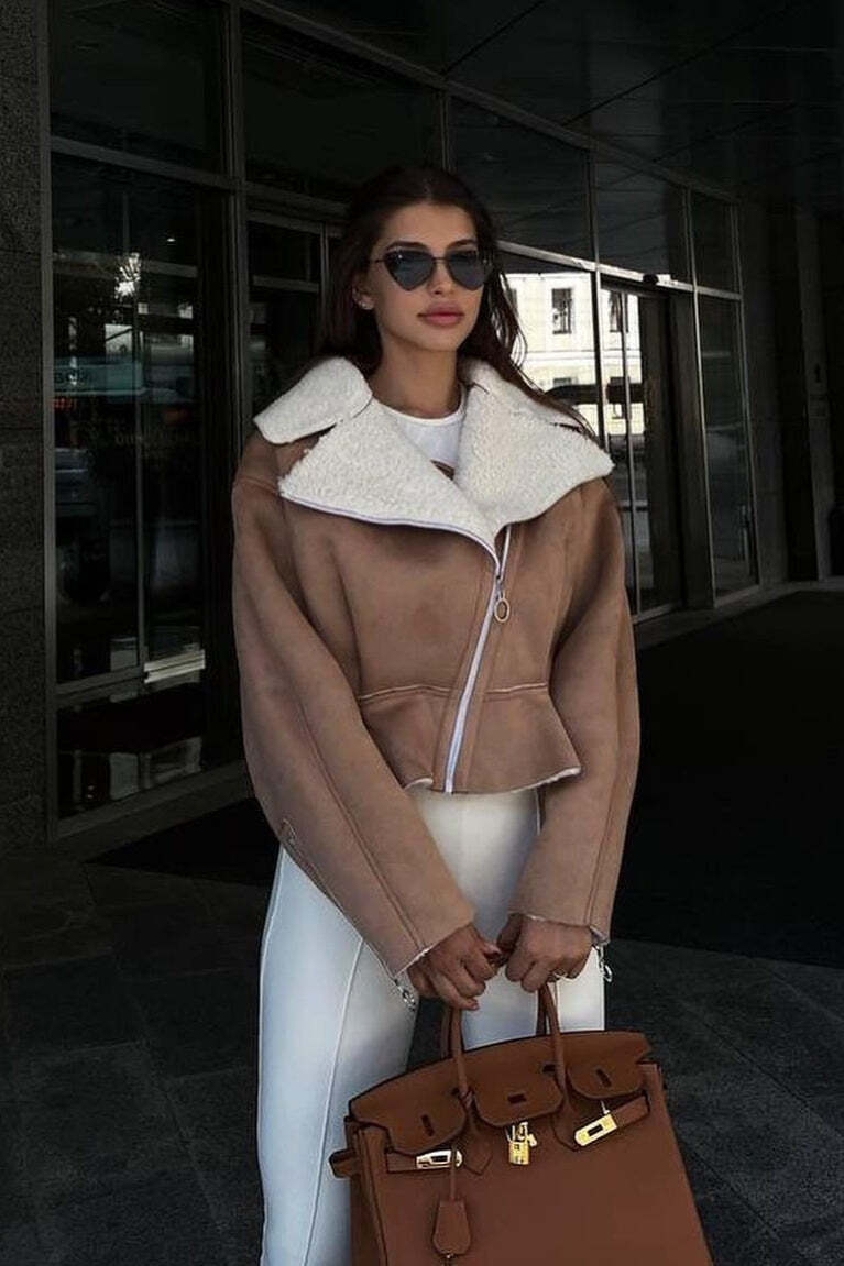 Chic Odd Zip Leather Fur Pieced Coat Chic Odd Zip Leather Fur Pieced Coat