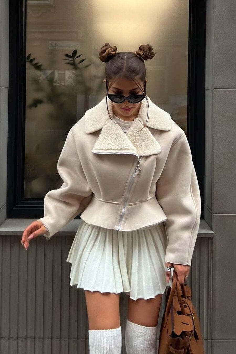 Chic Odd Zip Leather Fur Pieced Coat Chic Odd Zip Leather Fur Pieced Coat