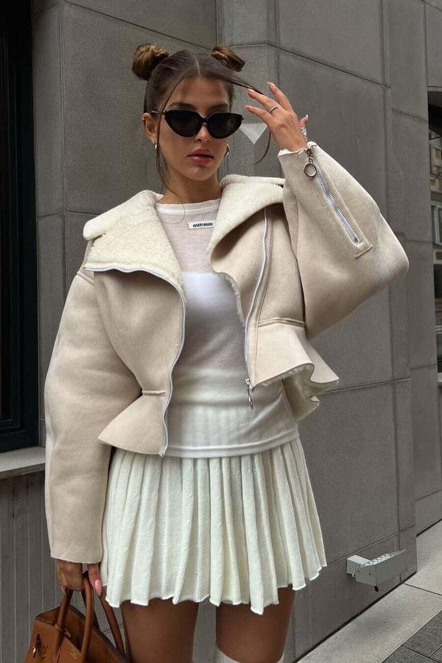 Chic Odd Zip Leather Fur Pieced Coat Chic Odd Zip Leather Fur Pieced Coat