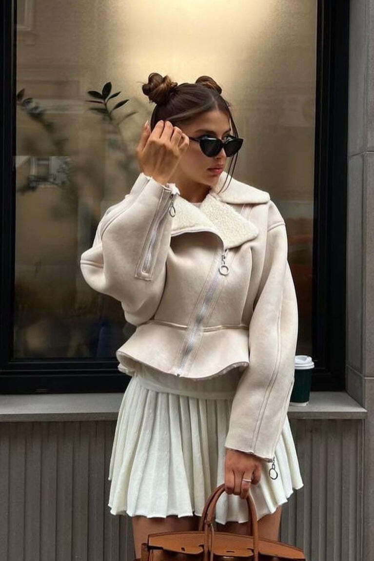 Chic Odd Zip Leather Fur Pieced Coat Chic Odd Zip Leather Fur Pieced Coat