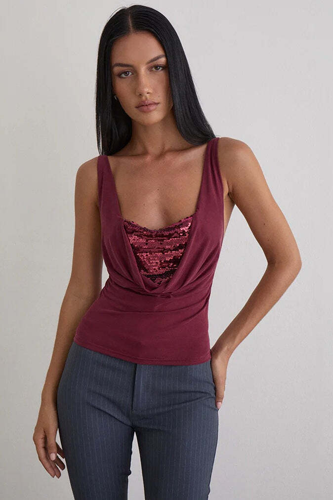 Chic Solid Slim U Neck Sequin Cami Top