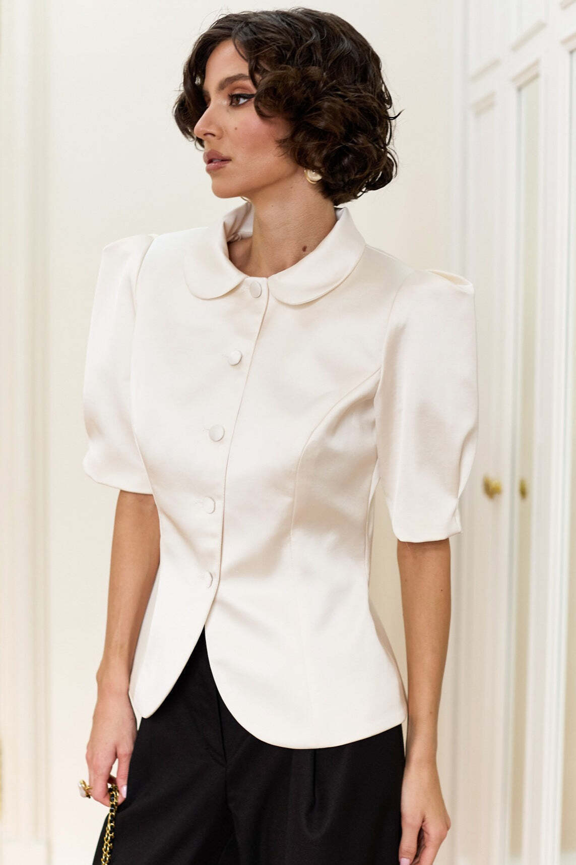 Chic Tie Waist Puff Sleeve Slim Blouse Chic Tie Waist Puff Sleeve Slim Blouse