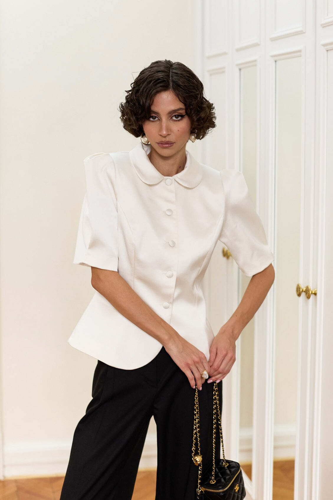 Chic Tie Waist Puff Sleeve Slim Blouse Chic Tie Waist Puff Sleeve Slim Blouse