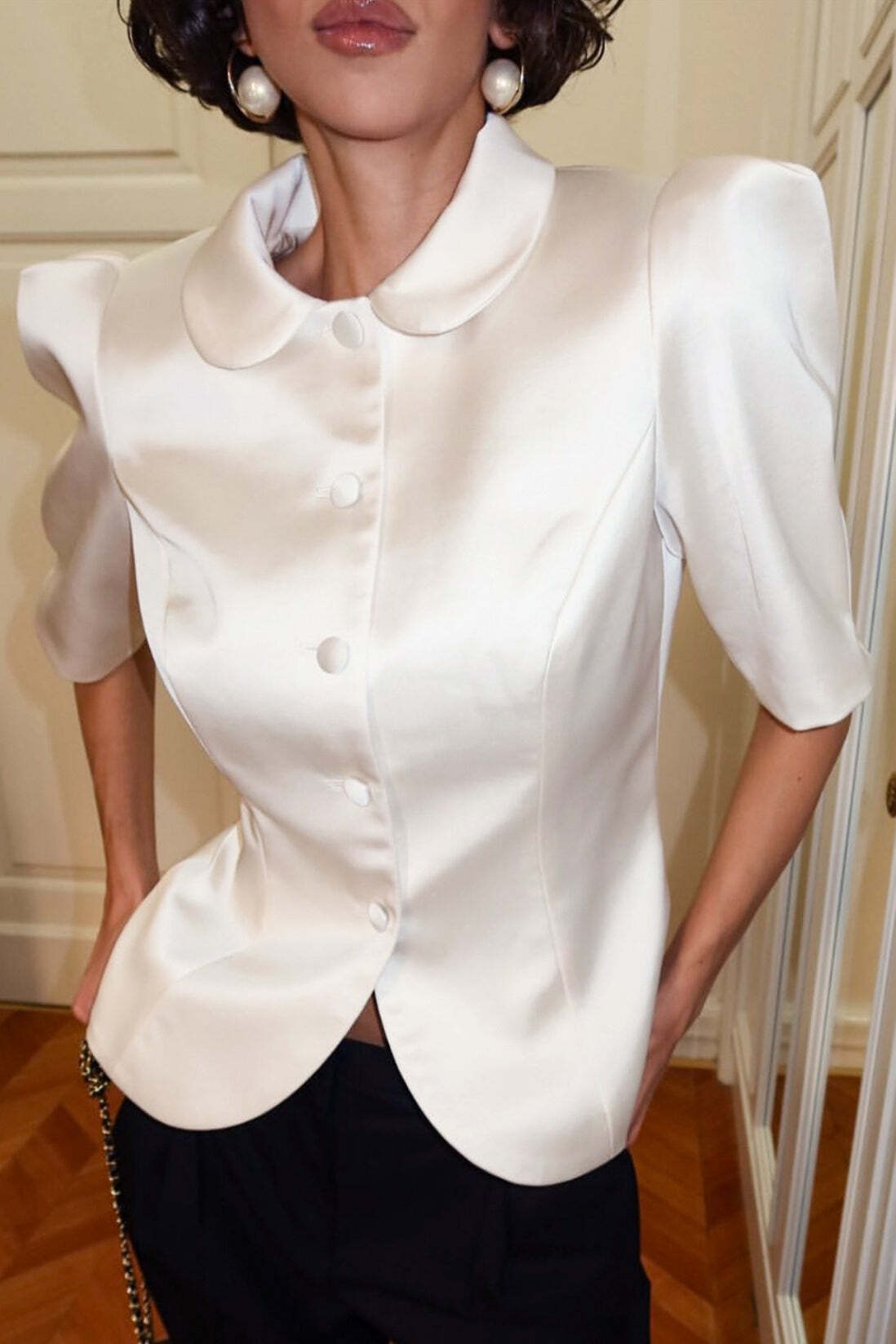 Chic Tie Waist Puff Sleeve Slim Blouse Chic Tie Waist Puff Sleeve Slim Blouse