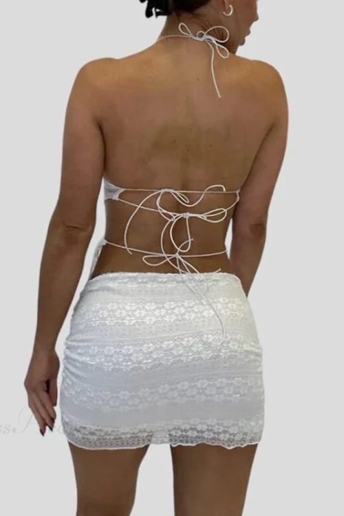 Chic V Neck Halter Tie-Up Bandage Crop Top Mini Pencil Skirt Two Pieces Set