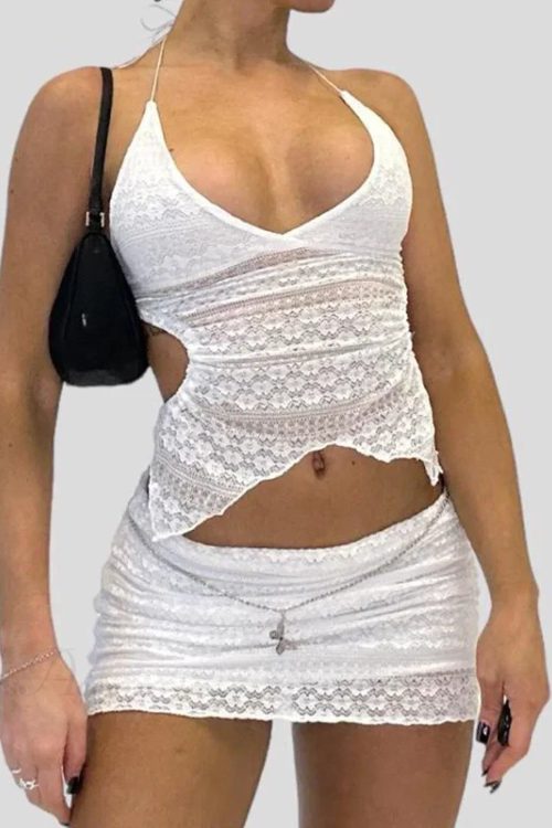 Chic V Neck Halter Tie-Up Bandage Crop Top Mini Pencil Skirt Two Pieces Set