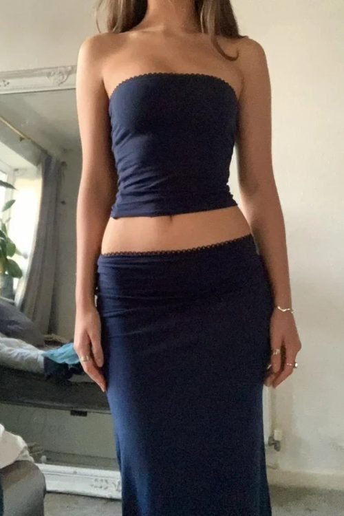 Chic Women Chest Wrap Tube Tops + Low Rise Long Skirt Summer Strapless Camis Crop Tops Y2K Fairycore Vintage 2 Piece Set Outfits