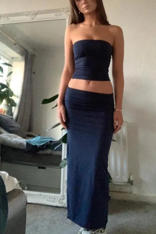 Chic Women Chest Wrap Tube Tops + Low Rise Long Skirt Summer Strapless Camis Crop Tops Y2K Fairycore Vintage 2 Piece Set Outfits
