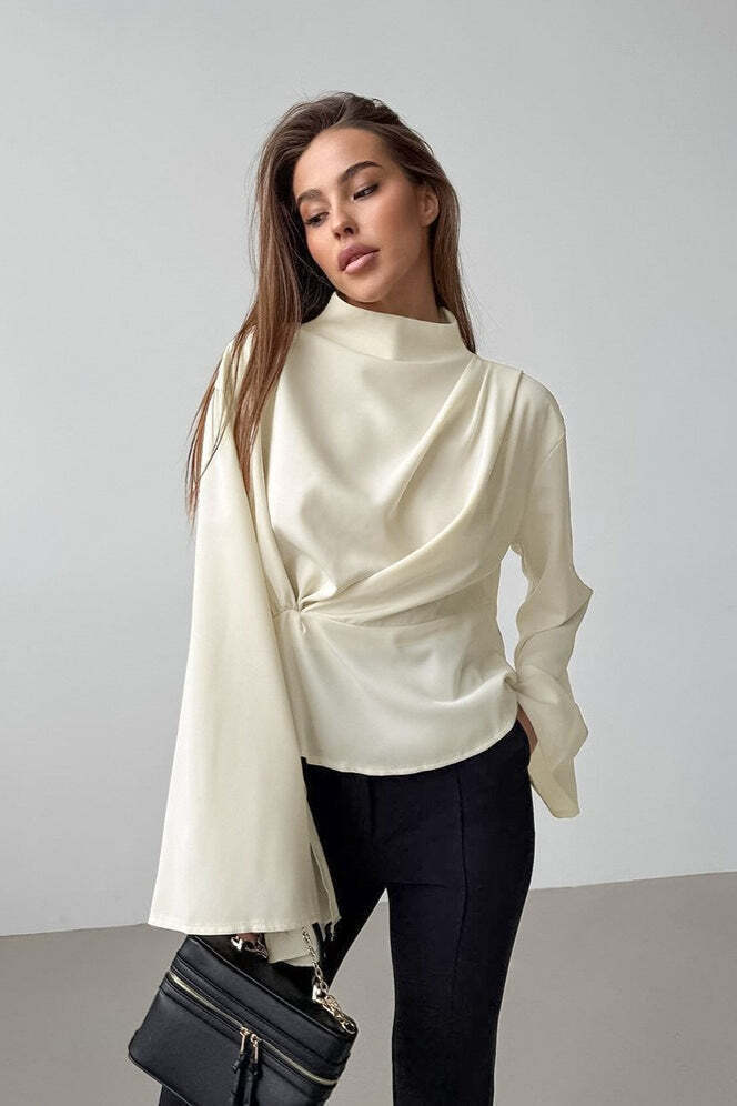 Chiffon Tie Waist Stand Collar Long Sleeve Tee