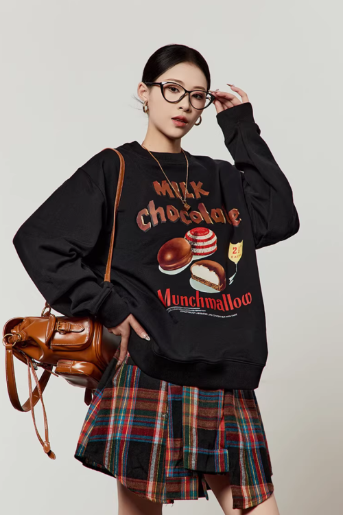 Chocolate Print Sweatshirt / Checkered Skirt