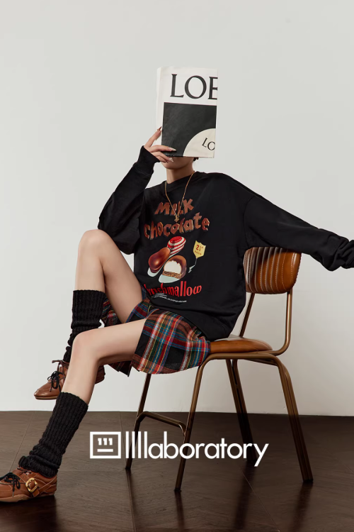 Chocolate Print Sweatshirt / Checkered Skirt