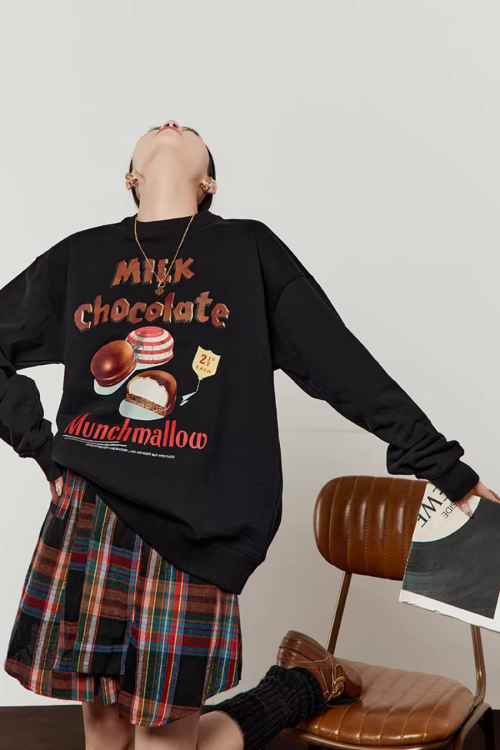 Chocolate Print Sweatshirt / Checkered Skirt