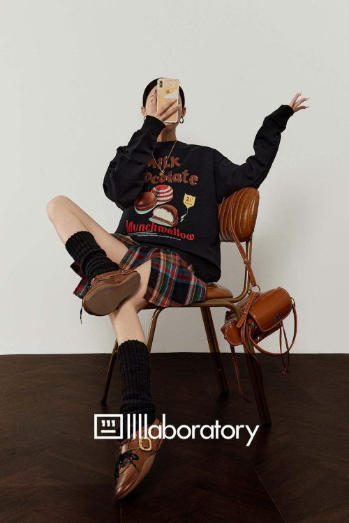 Chocolate Print Sweatshirt / Checkered Skirt