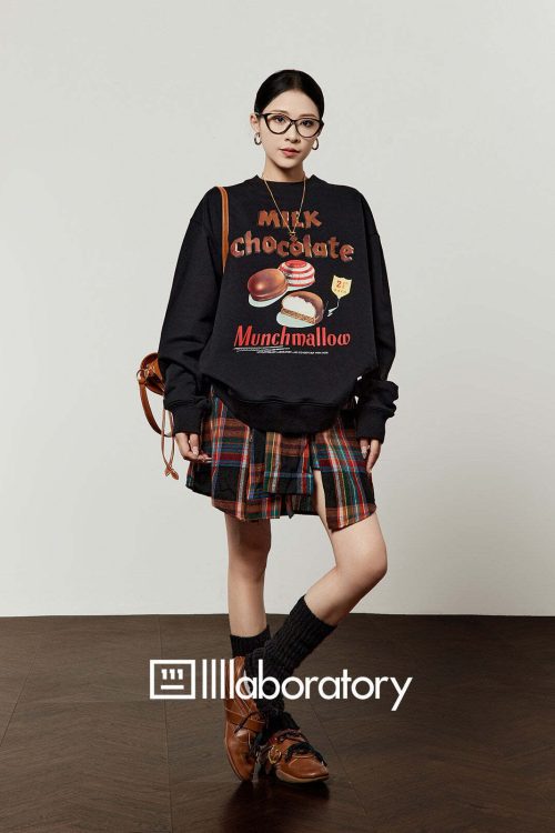 Chocolate Print Sweatshirt / Checkered Skirt