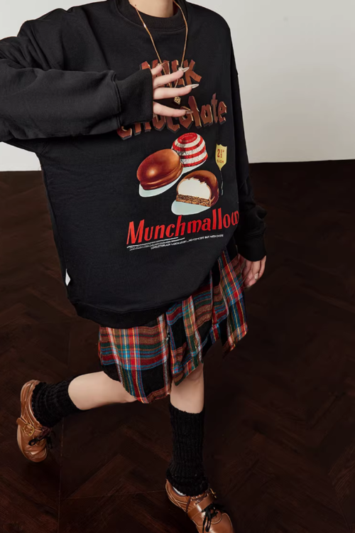 Chocolate Print Sweatshirt / Checkered Skirt