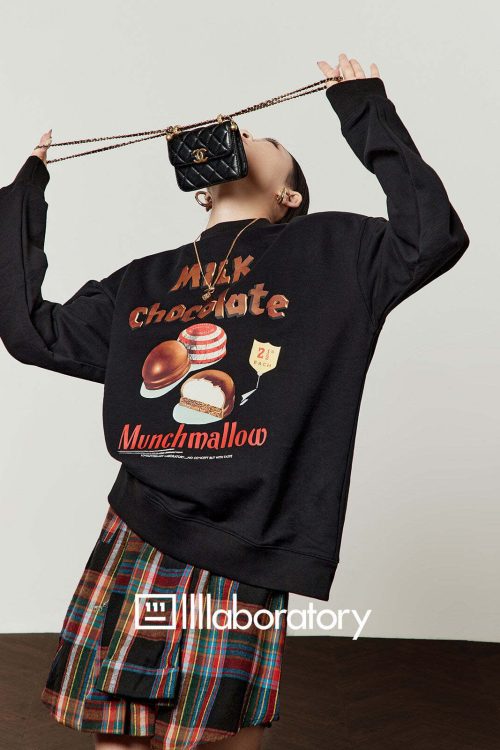 Chocolate Print Sweatshirt / Checkered Skirt