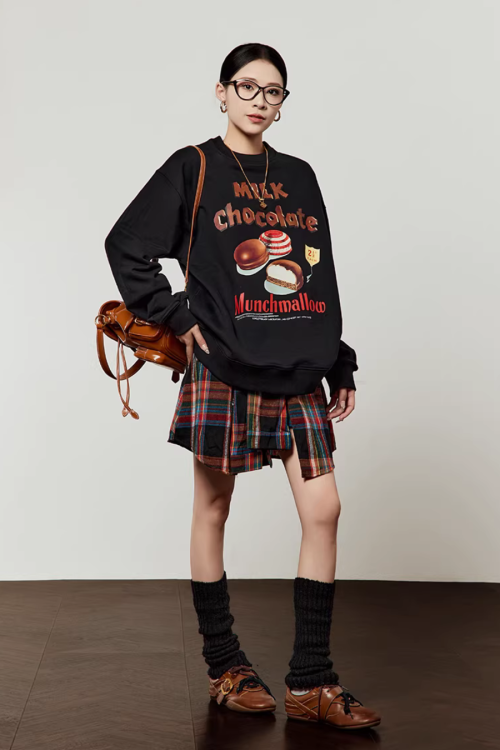 Chocolate Print Sweatshirt / Checkered Skirt
