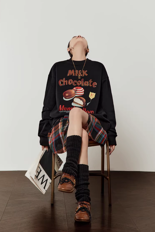 Chocolate Print Sweatshirt / Checkered Skirt