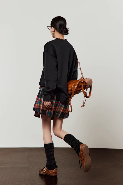 Chocolate Print Sweatshirt / Checkered Skirt