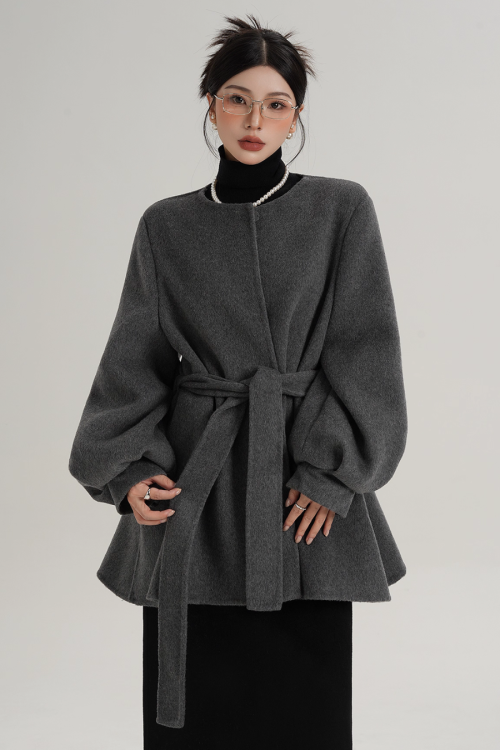 Collarless Belt Coat