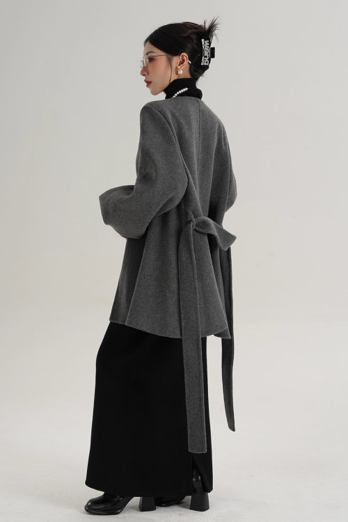Collarless Belt Coat