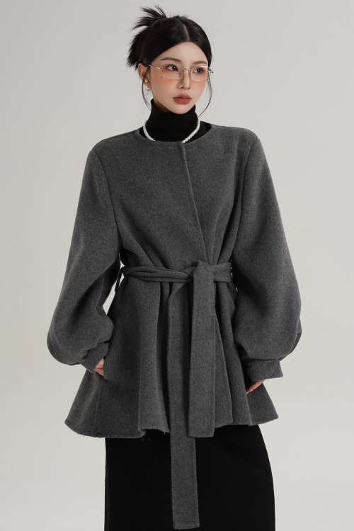 Collarless Belt Coat