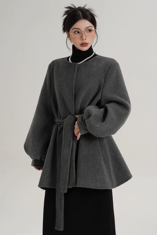 Collarless Belt Coat