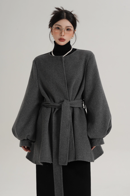 Collarless Belt Coat