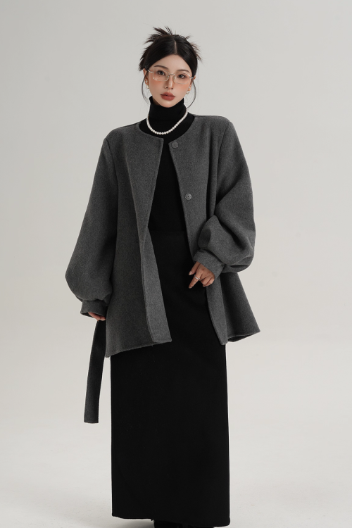Collarless Belt Coat