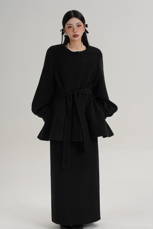 Collarless Belt Coat