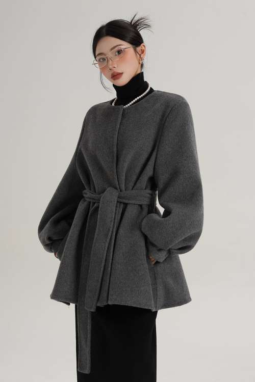 Collarless Belt Coat