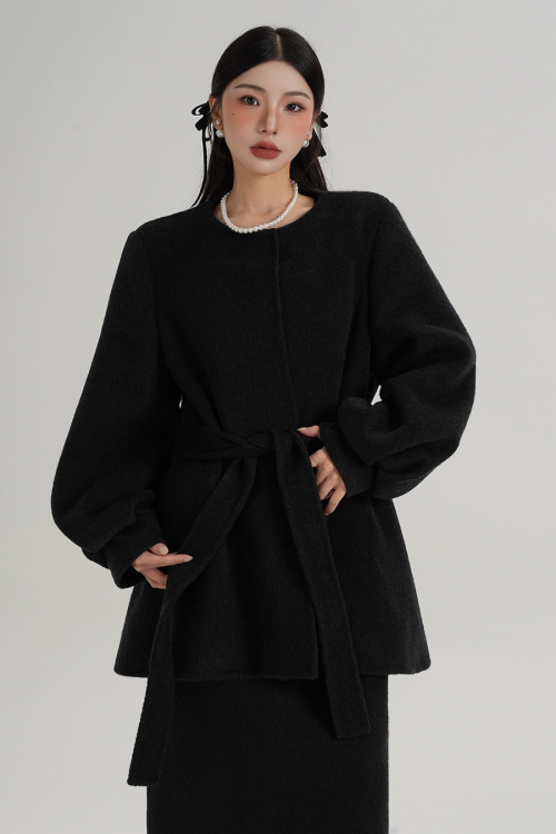 Collarless Belt Coat