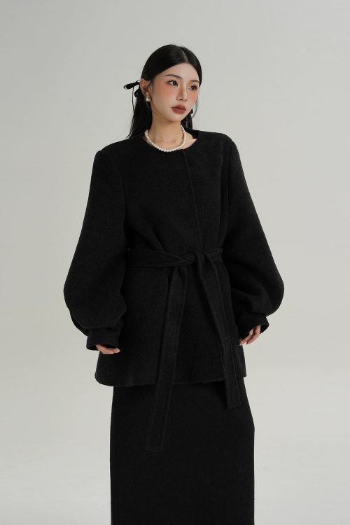 Collarless Belt Coat