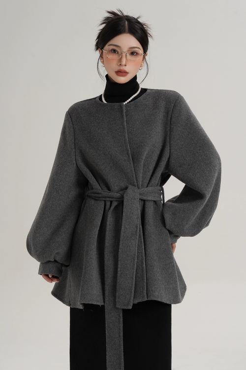 Collarless Belt Coat