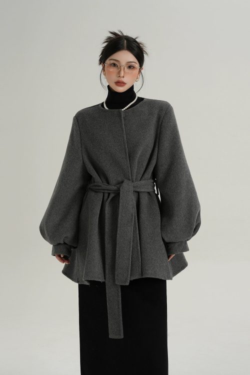 Collarless Belt Coat