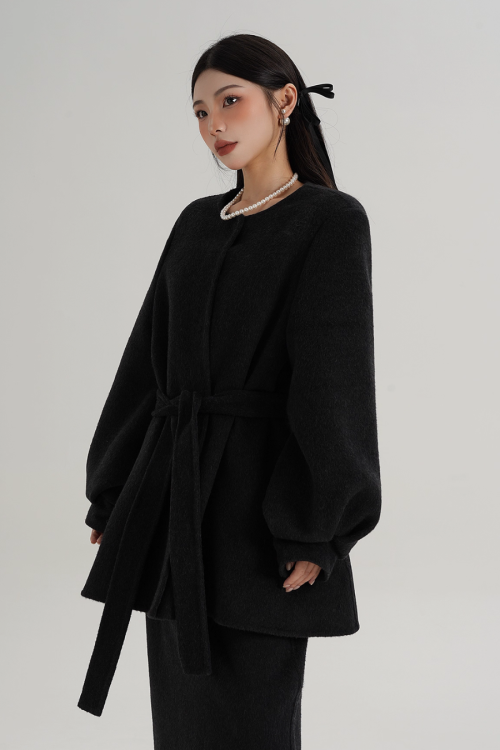 Collarless Belt Coat