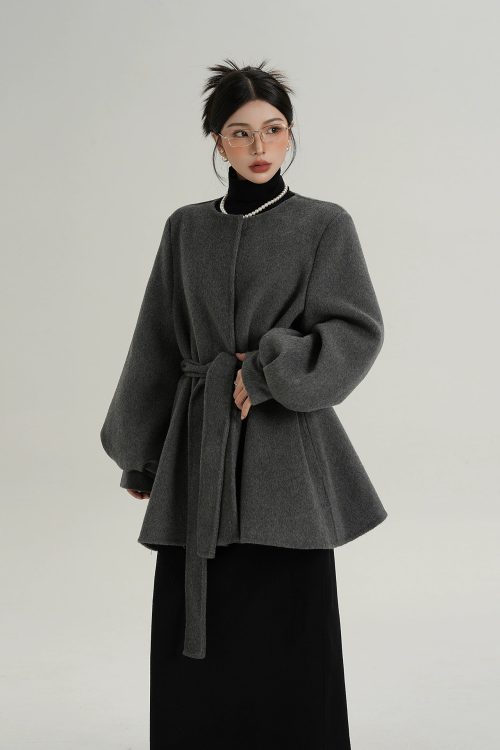 Collarless Belt Coat